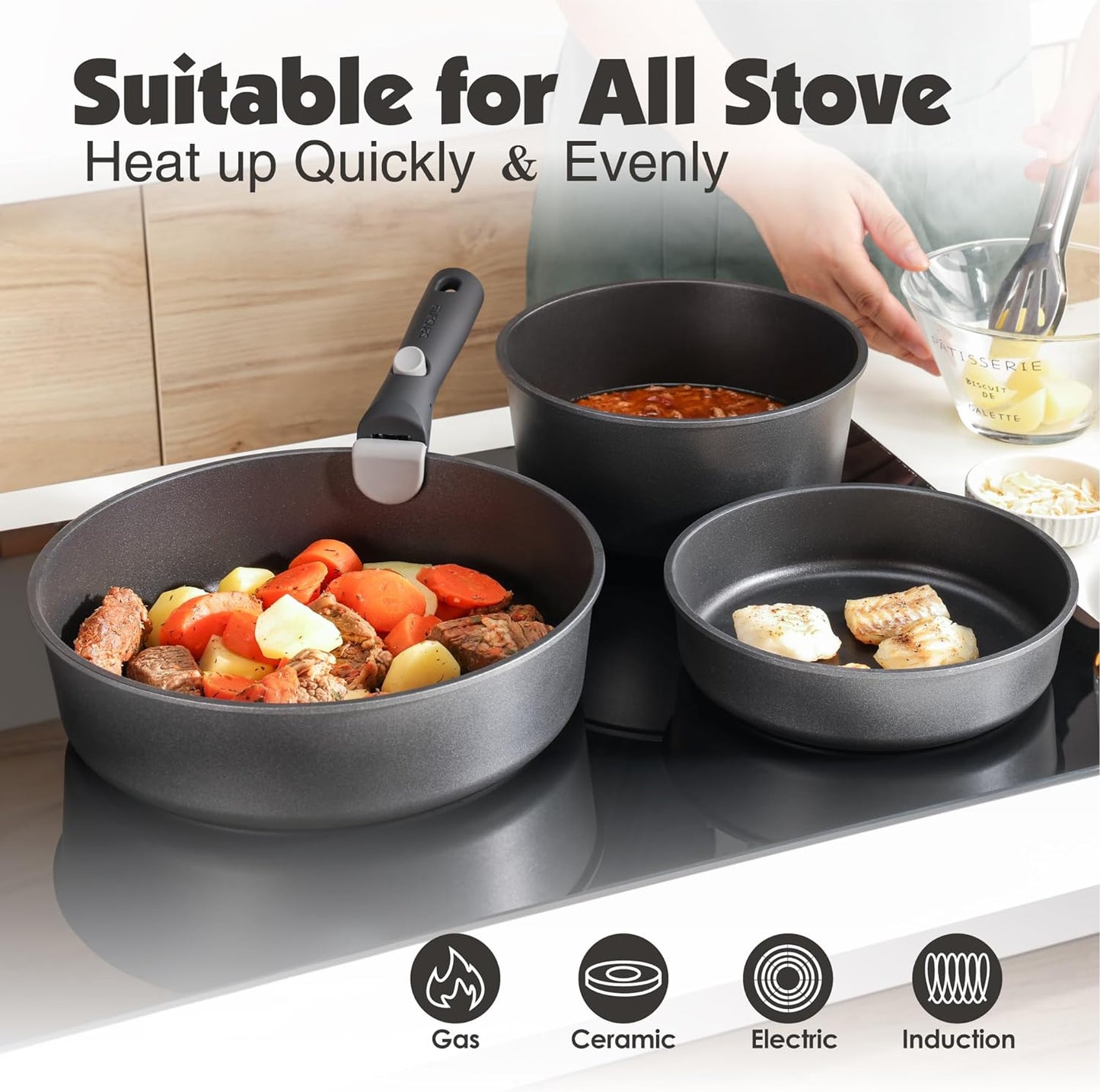 17 Piece Pots and Pans Set, Nonstick Detachable Handle Cookware Set, Induction Kitchen Cookware Set with Removable Handle, Healthy Non Stick for RV, Dishwasher & Oven Safe, PFOA Free (Black)