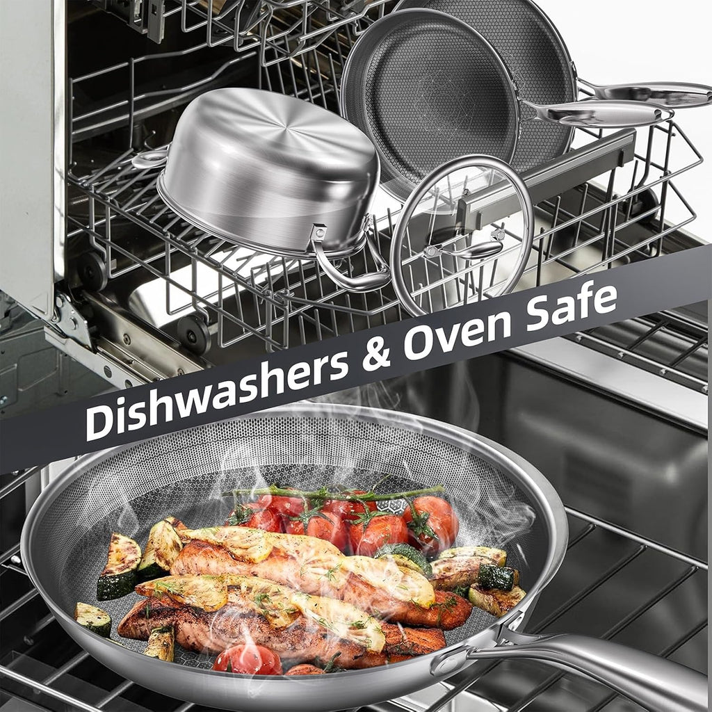 Stainless Steel Cookware Set, Pots and Pans Set Non Stick, Hybrid Ceramic Cookware, Frying Pans, Saucepans & Stock Pot with Glass Lid, Non-Toxic, Oven Safe, Induction Compatible