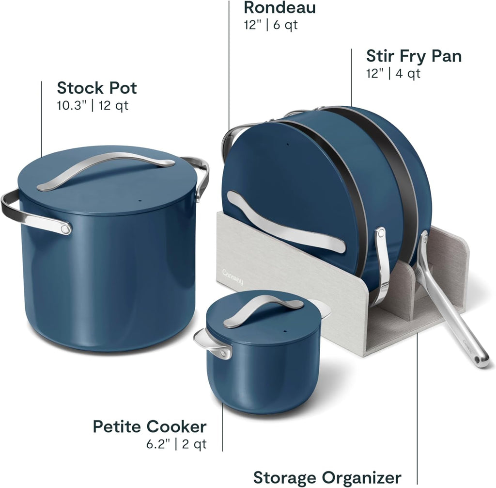 Cookware+ Collection - Specialty Cookware Set - Petite Cooker, Stir Fry Pan, Rondeau, & Stock Pot - 3 Lids & Storage Organizer Included - Navy