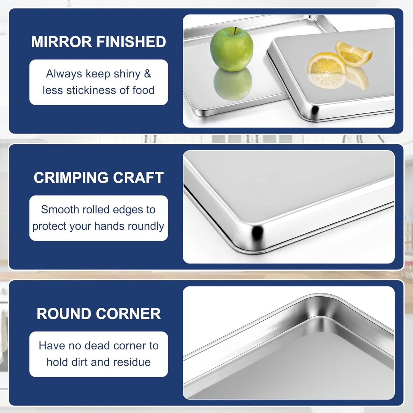 16 Inch Baking Cookie Sheet, Oven Pan Tray Stainless Steel Sheet Pan for Kitchen, Oven Bakeware for Multi Uses, Shiny Look & Dishwasher Safe, Healthy & Heavy Duty, 2Pcs