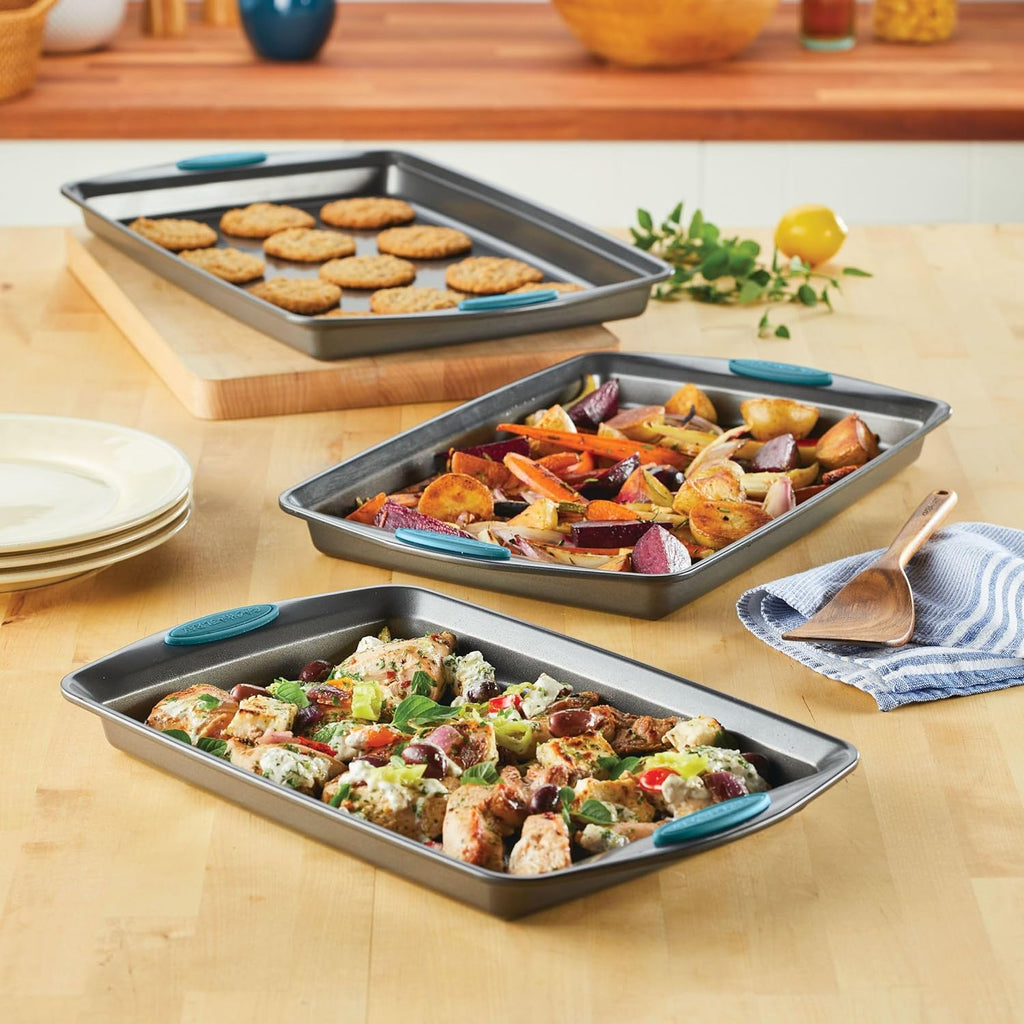 Bakeware Nonstick Cookie Pan Set, 3-Piece, Gray with Agave Blue Grips