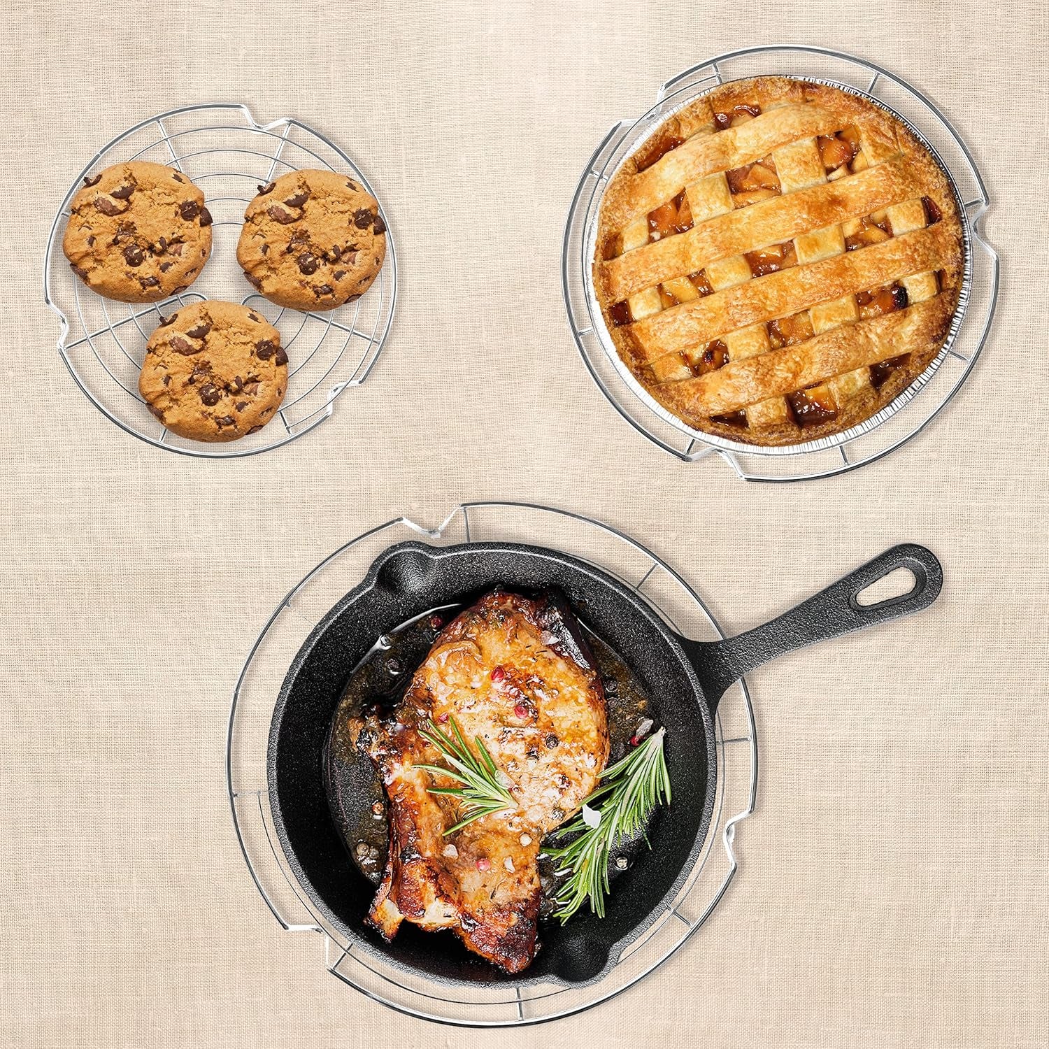 Versatile 3PC Stainless Steel Round Cooling Racks - Perfect for Cooking, Baking, Air Fryers & Canning - 7.5", 9", 10.5" Sizes