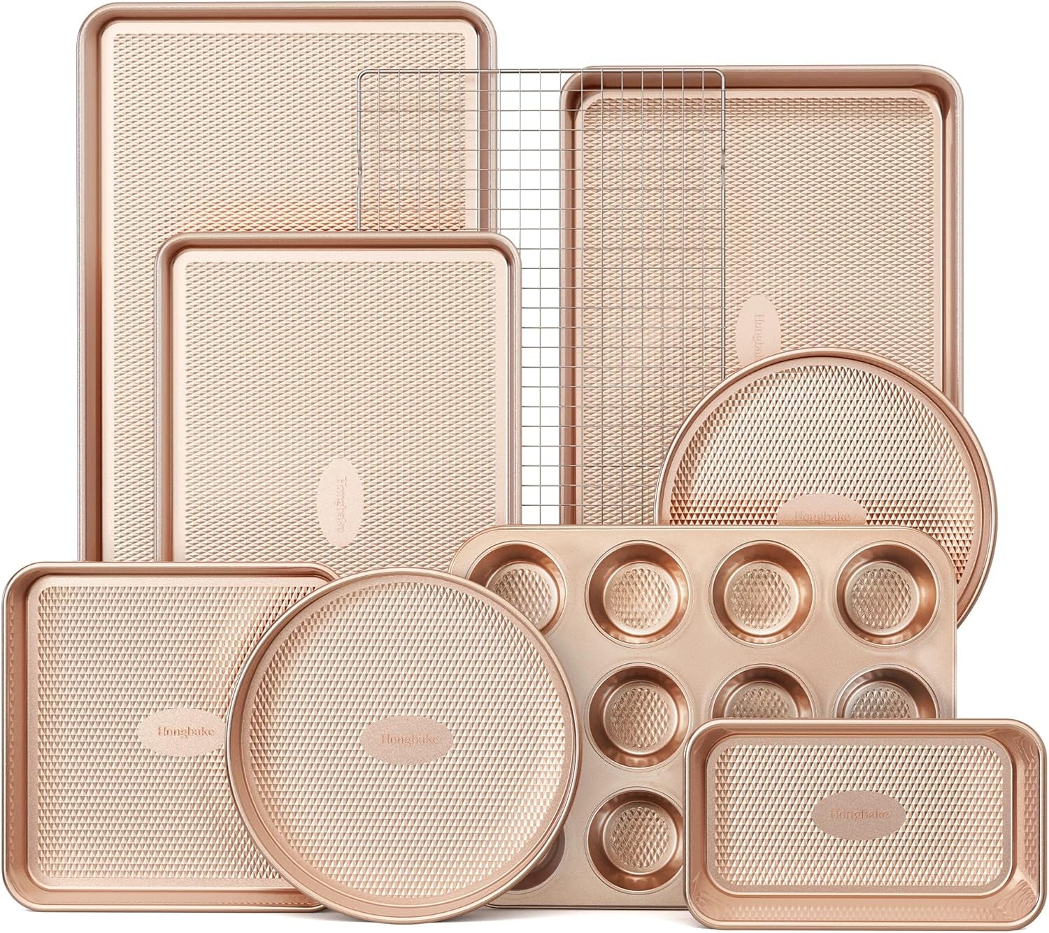 9-Piece Baking Pans Set Nonstick, Stackable Non Toxic Bakeware Sets with Diamond Texture, Oven Pan Set for Cooking, Includes Cookie Sheet with Rack, Cake Pan, Roasting Pan, Muffin Tin, Gold