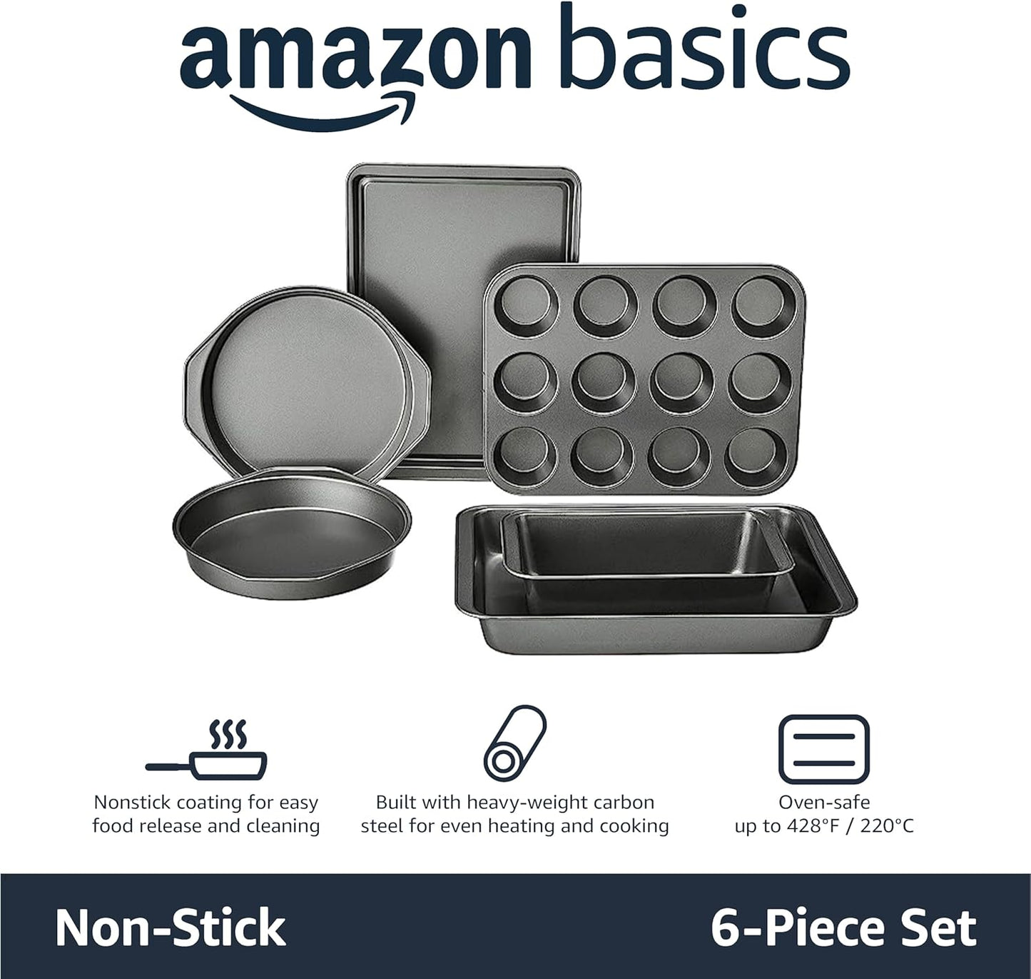 6 Piece Nonstick, Carbon Steel Oven Safe Bakeware Set with Cake, Muffin, Cookie, and Loaf Pans, 6 Piece, 16.25 X 11.75 X 6.25 Inches