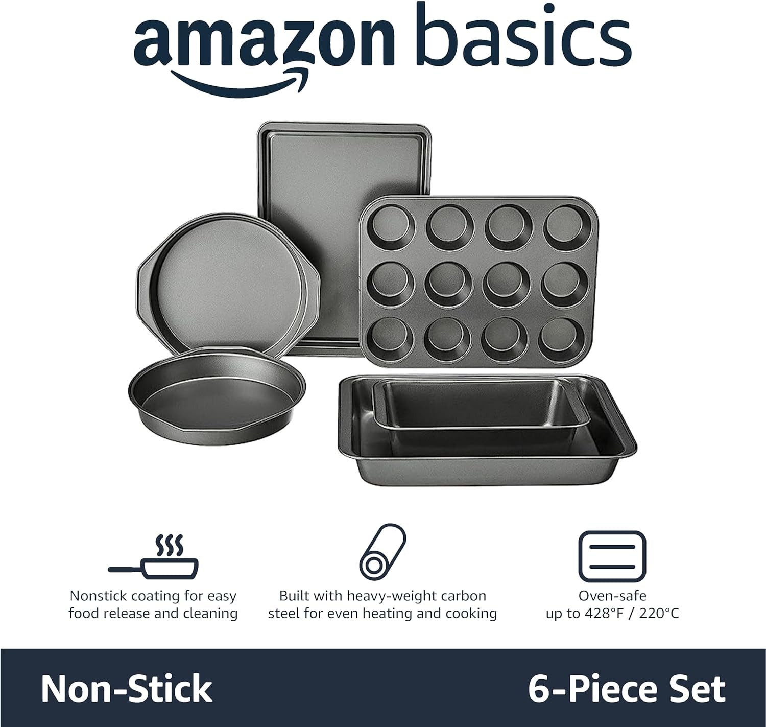 6 Piece Nonstick, Carbon Steel Oven Safe Bakeware Set with Cake, Muffin, Cookie, and Loaf Pans, 6 Piece, 16.25 X 11.75 X 6.25 Inches