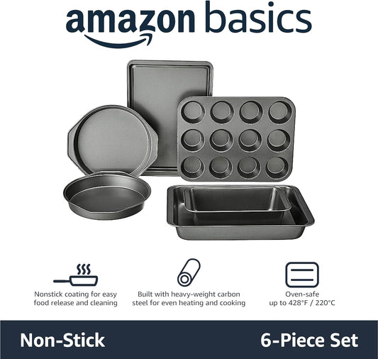 6 Piece Nonstick, Carbon Steel Oven Safe Bakeware Set with Cake, Muffin, Cookie, and Loaf Pans, 6 Piece, 16.25 X 11.75 X 6.25 Inches