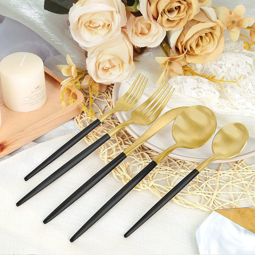 Elegant Matte Black & Gold Stainless Steel Silverware Set - 30 Pieces, Service for 6, Dishwasher Safe Cutlery for Stylish Dining