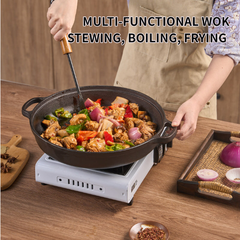WANGYUANJI 11Cast Iron Wok with Dual Handles and Wooden Lid, Uncoated Frying Pan for Gas and IH, Chinese Thickened Pancake Pan, Stir-Frying and IH Universal, with Free Steel Wire Ball