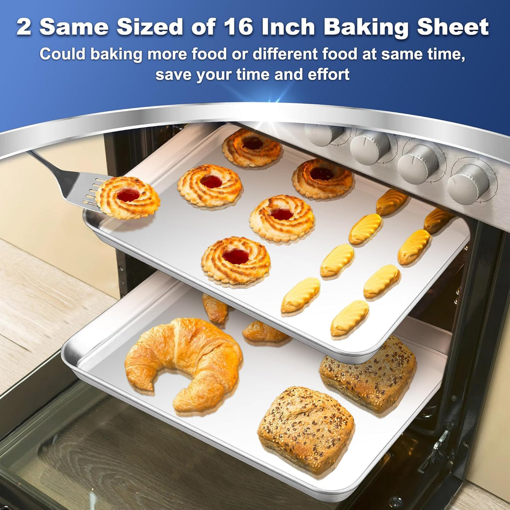 16 Inch Baking Cookie Sheet, Oven Pan Tray Stainless Steel Sheet Pan for Kitchen, Oven Bakeware for Multi Uses, Shiny Look & Dishwasher Safe, Healthy & Heavy Duty, 2Pcs