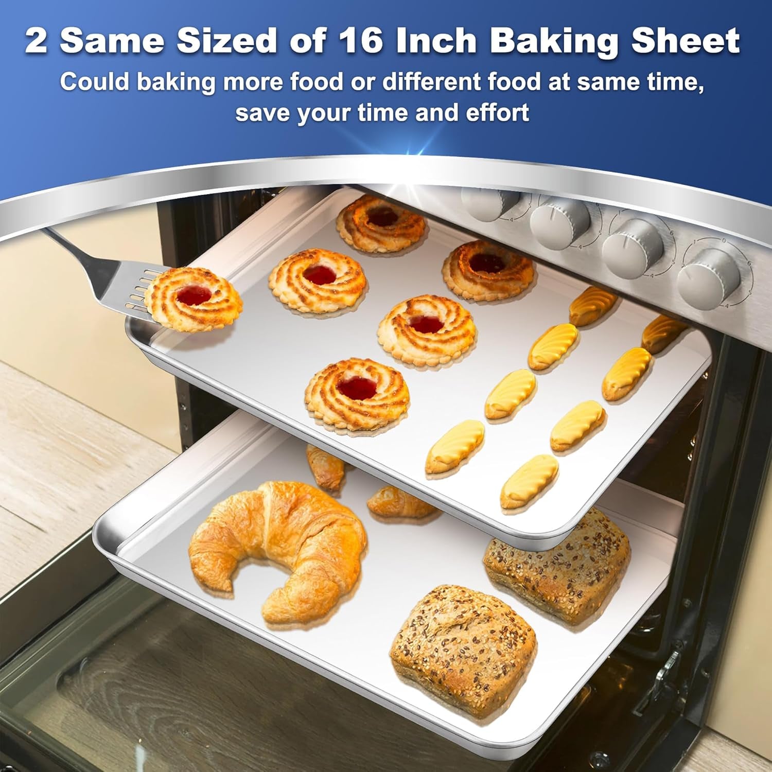 16 Inch Baking Cookie Sheet, Oven Pan Tray Stainless Steel Sheet Pan for Kitchen, Oven Bakeware for Multi Uses, Shiny Look & Dishwasher Safe, Healthy & Heavy Duty, 2Pcs