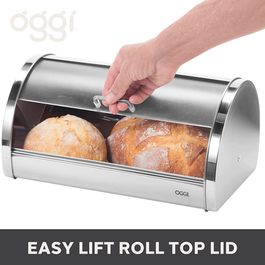 Oggi Stainless Steel Roll Top Bread Box with Frosted Plexiglass Lid - Accommodates Multiple Loaves and Various Baked Goods Including Cookies, Bagels, and Muffins