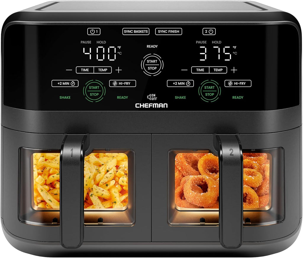 6 Quart Dual Basket Air Fryer Oven with Easy View Windows, Sync Finish, Hi-Fry, Auto Shutoff, 2 Independent 3Qt Nonstick Dishwasher Safe Frying Baskets, Digital Double Air Fryer - Black