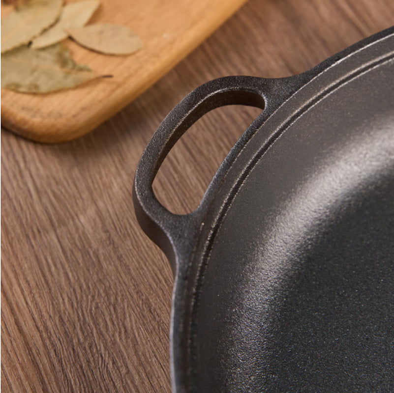 WANGYUANJI 11Cast Iron Wok with Dual Handles and Wooden Lid, Uncoated Frying Pan for Gas and IH, Chinese Thickened Pancake Pan, Stir-Frying and IH Universal, with Free Steel Wire Ball