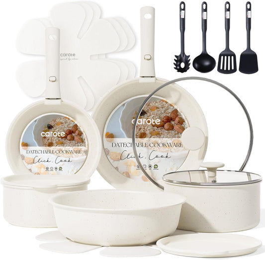 19Pcs Pots and Pans Set Non Stick, Cookware Sets, Kitchen Set, Oven/Fridge Safe, Space Saving Pots Set, Nonstick Cooking Set with Versatile Detachable Handle, Induction RV Set, Cream White