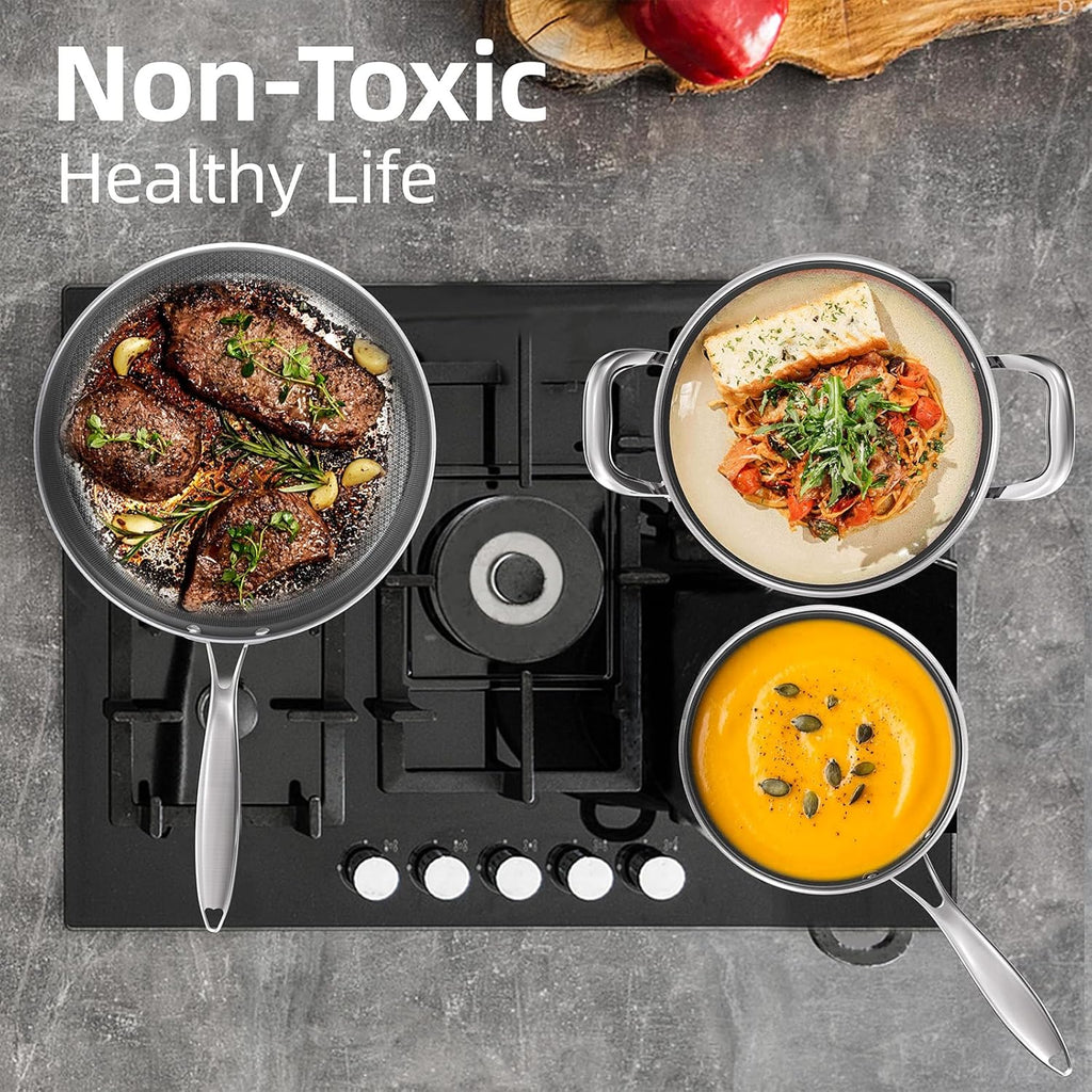 Stainless Steel Cookware Set, Pots and Pans Set Non Stick, Hybrid Ceramic Cookware, Frying Pans, Saucepans & Stock Pot with Glass Lid, Non-Toxic, Oven Safe, Induction Compatible