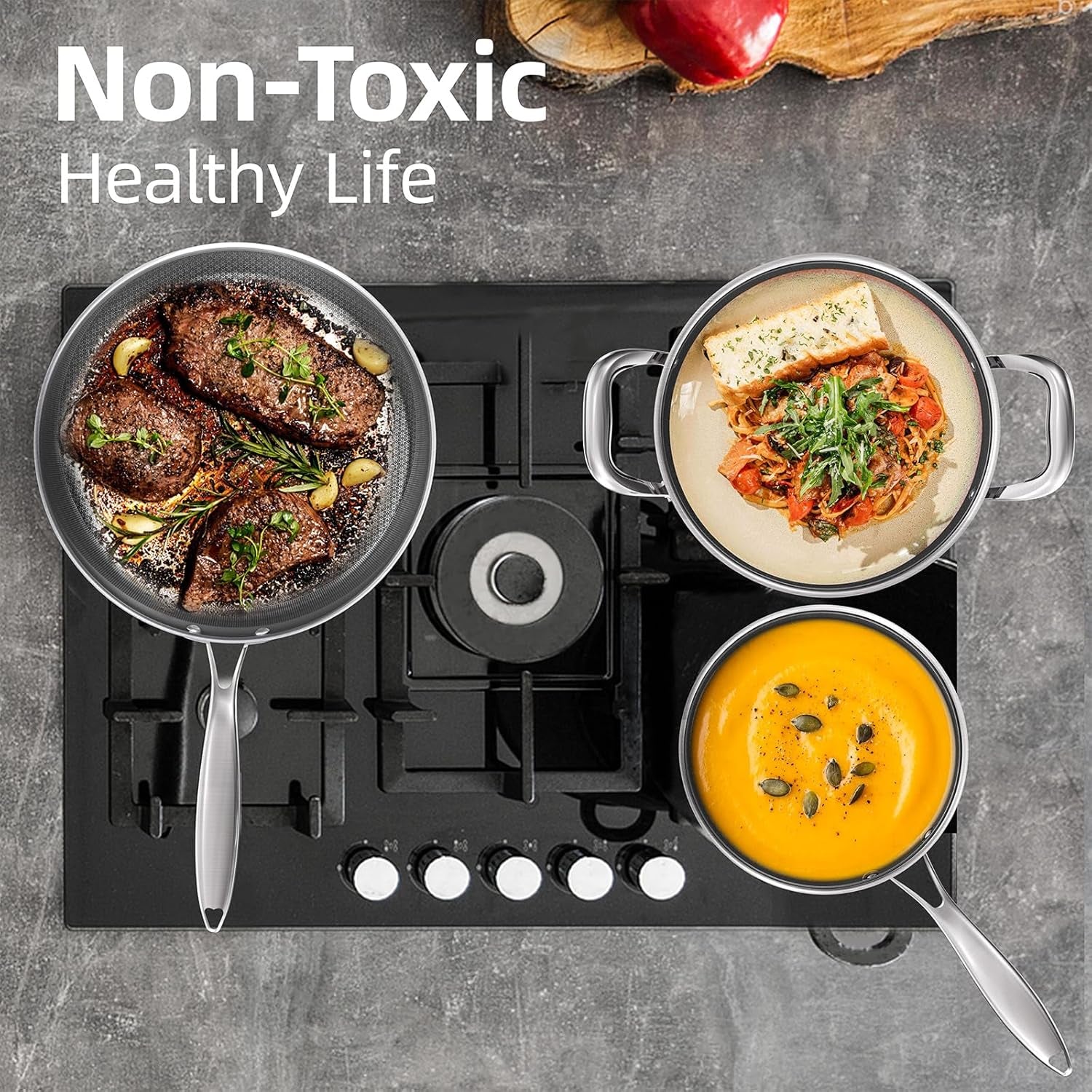 Stainless Steel Cookware Set, Pots and Pans Set Non Stick, Hybrid Ceramic Cookware, Frying Pans, Saucepans & Stock Pot with Glass Lid, Non-Toxic, Oven Safe, Induction Compatible