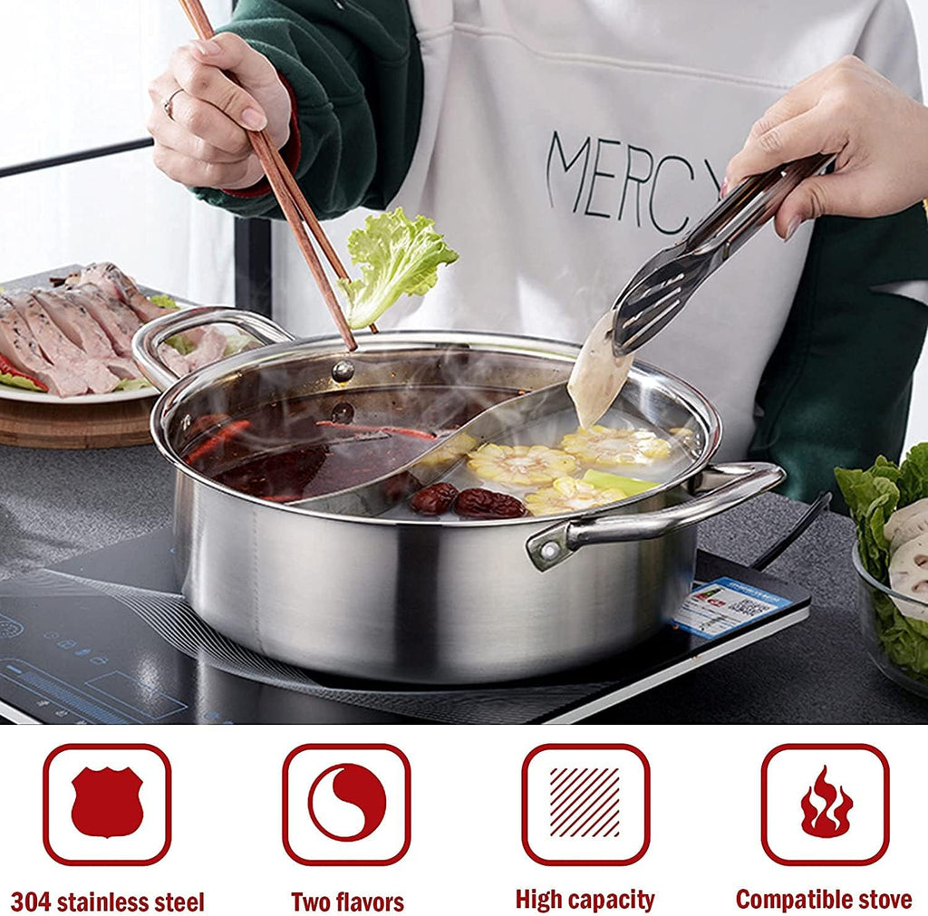 13Inch Hot Pot with Divider Lid Stainless Steel Shabu Shabu Pot for Induction Cooktop Gas Stove Kitchen Cooker, Dual Sided Soup Cookware with 2 Soup Ladles