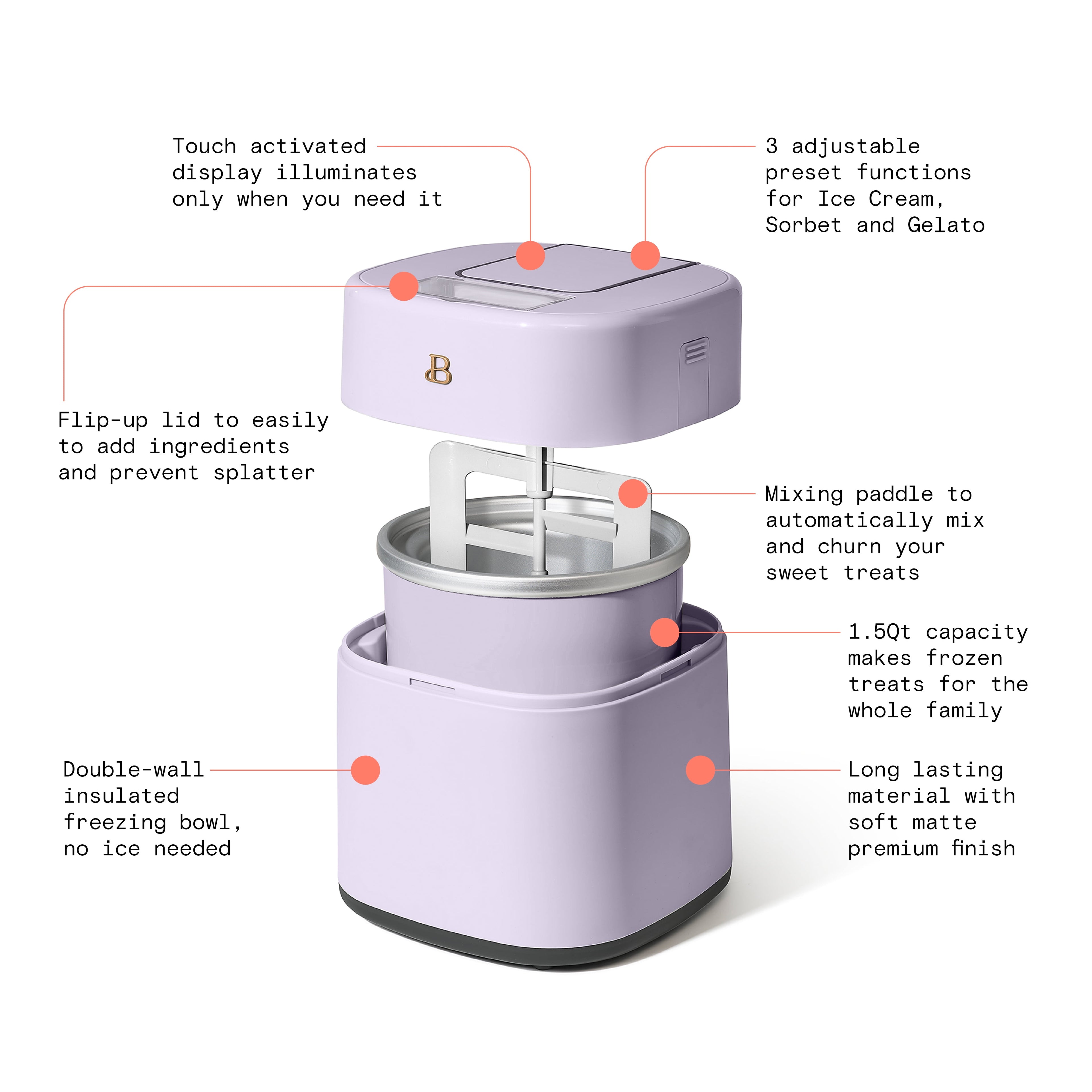 1.5 Qt Ice Cream Maker with Touch Activated Display, Lavender by Drew Barrymore