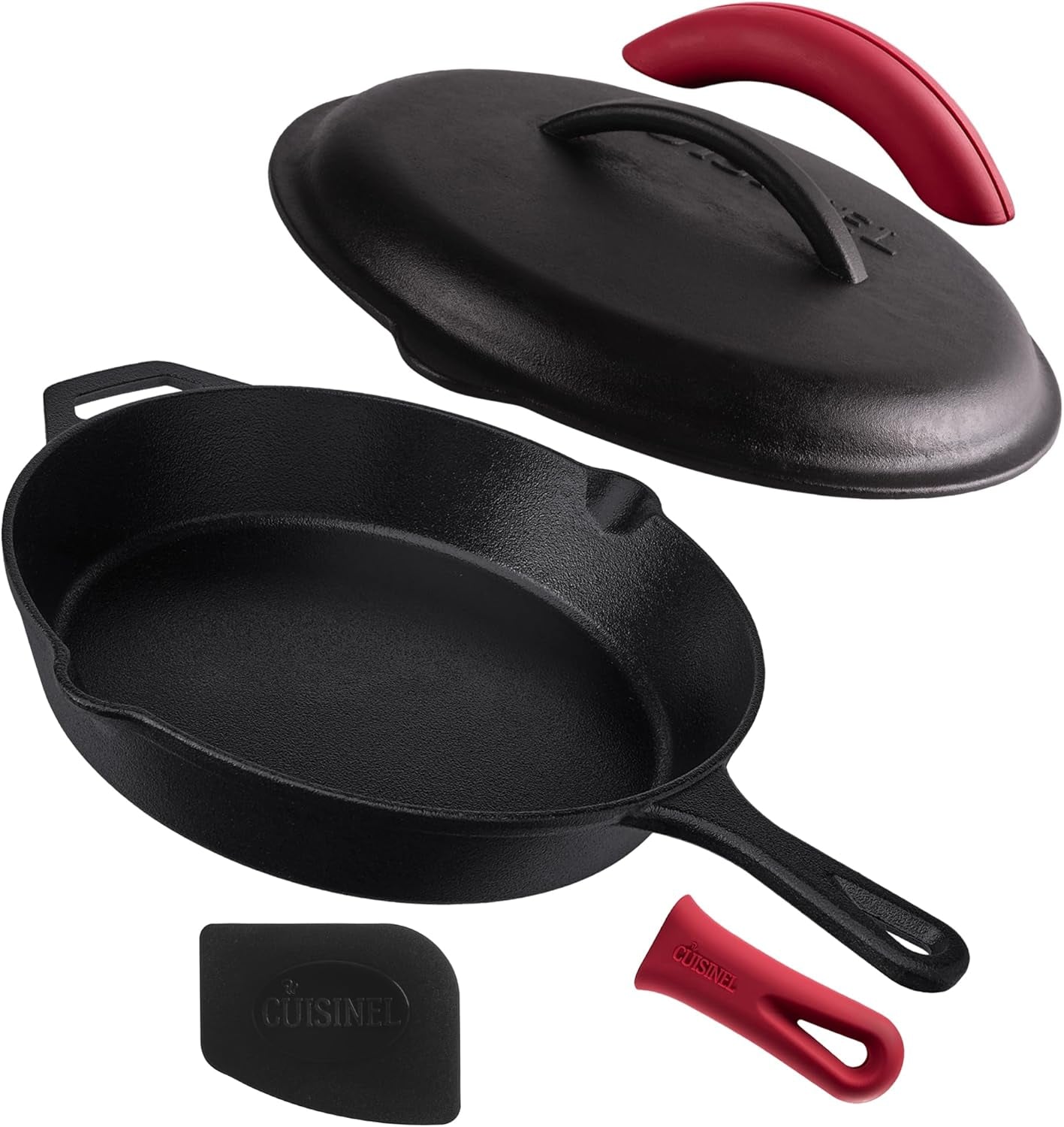 Cuisinel Pre-Seasoned Cast Iron Skillet Set with Lids - 8", 10", and 12" Covered Frying Pans with Silicone Handles, Lid Holders, and Cleaning Scraper for Versatile Indoor/Outdoor Cooking