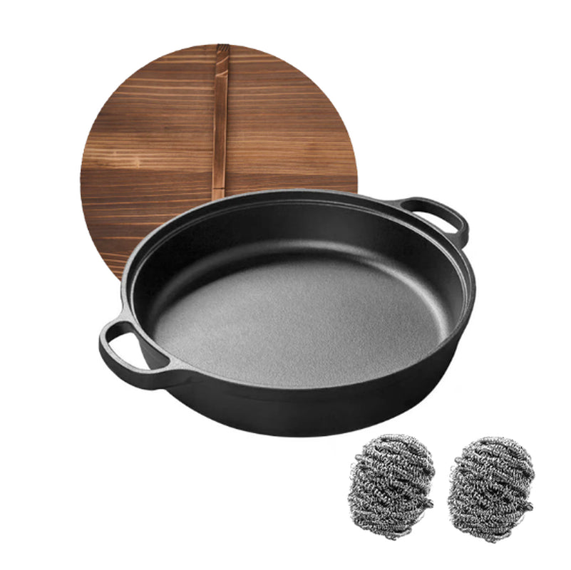 WANGYUANJI 11Cast Iron Wok with Dual Handles and Wooden Lid, Uncoated Frying Pan for Gas and IH, Chinese Thickened Pancake Pan, Stir-Frying and IH Universal, with Free Steel Wire Ball