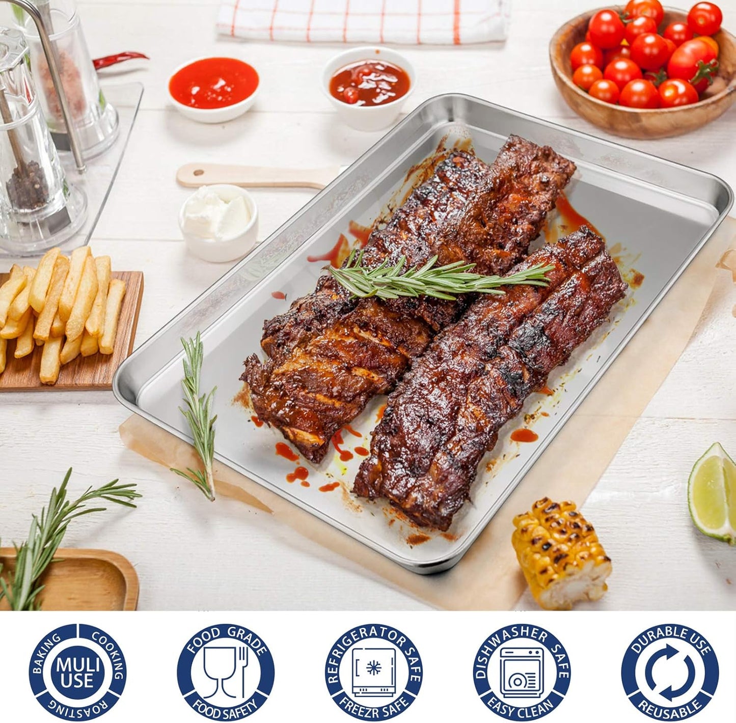 16 Inch Baking Cookie Sheet, Oven Pan Tray Stainless Steel Sheet Pan for Kitchen, Oven Bakeware for Multi Uses, Shiny Look & Dishwasher Safe, Healthy & Heavy Duty, 2Pcs