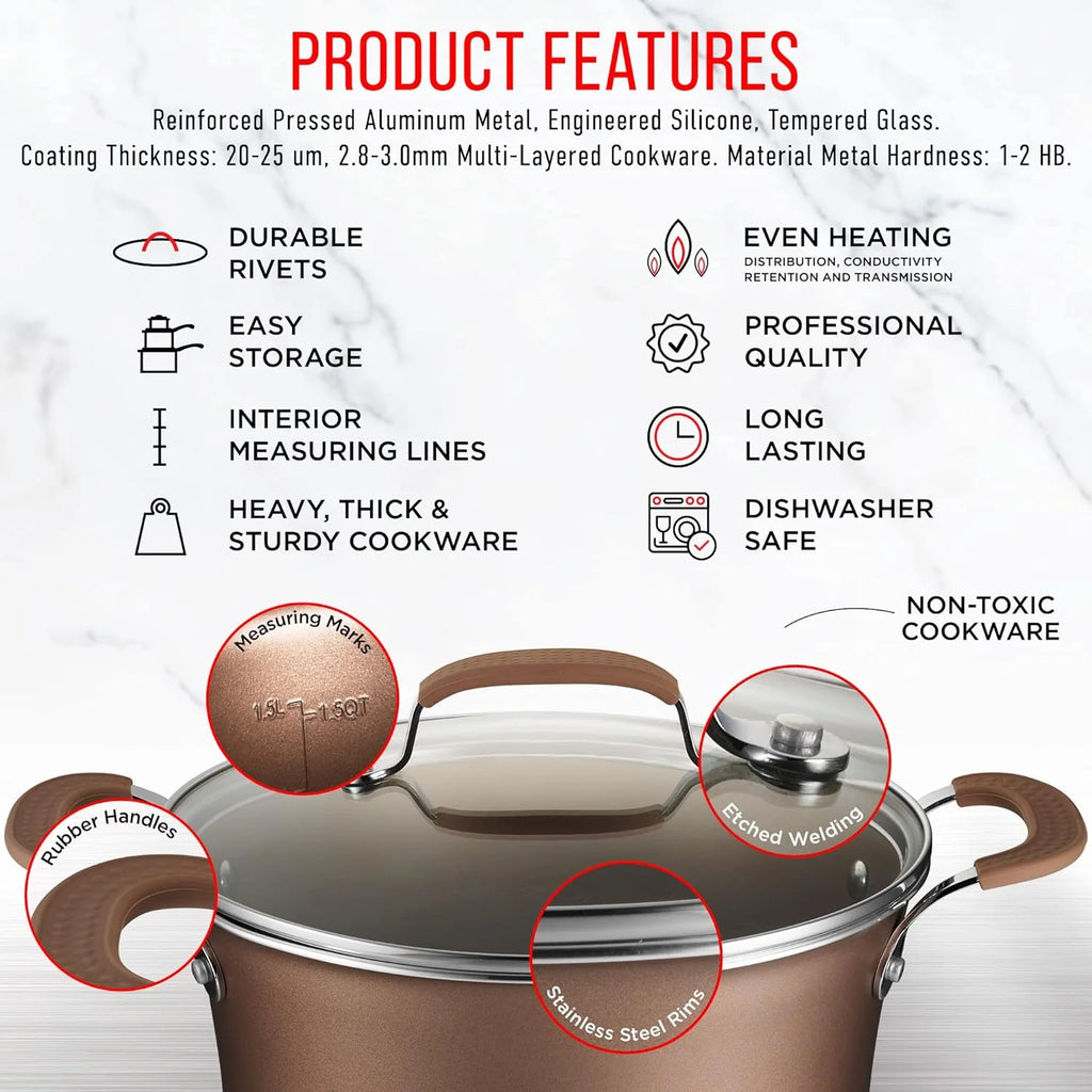 Pots and Pans Set – 14 Piece – Non-Stick Professional Home Kitchenware – Cooking Pots with Lids – Suitable for Gas, Electric, Ceramic and Induction Counter Cooktops - Golden