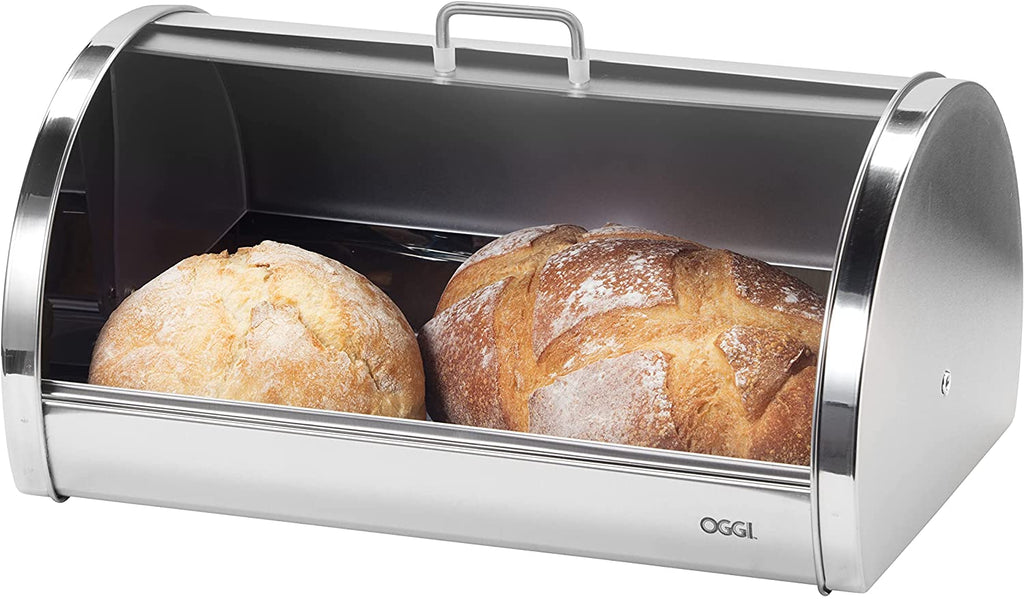 Oggi Stainless Steel Roll Top Bread Box with Frosted Plexiglass Lid - Accommodates Multiple Loaves and Various Baked Goods Including Cookies, Bagels, and Muffins