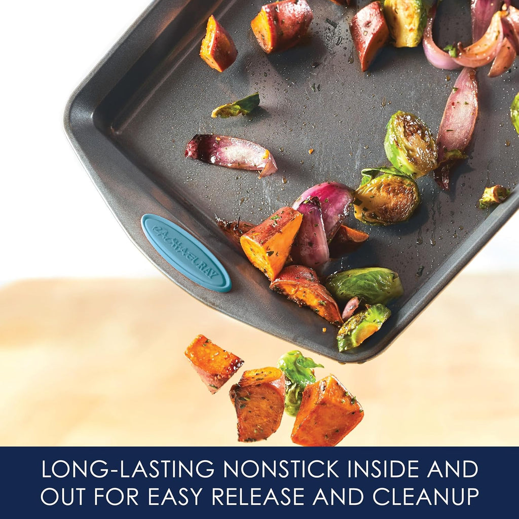 Bakeware Nonstick Cookie Pan Set, 3-Piece, Gray with Agave Blue Grips