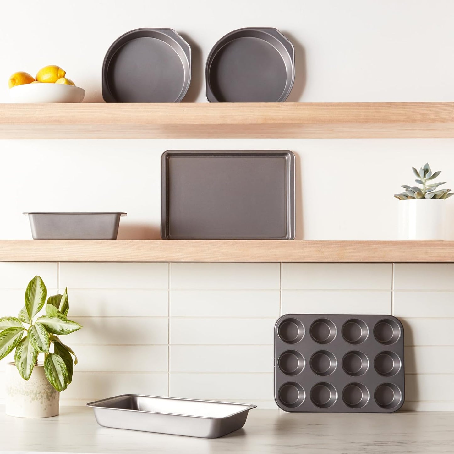 6 Piece Nonstick, Carbon Steel Oven Safe Bakeware Set with Cake, Muffin, Cookie, and Loaf Pans, 6 Piece, 16.25 X 11.75 X 6.25 Inches