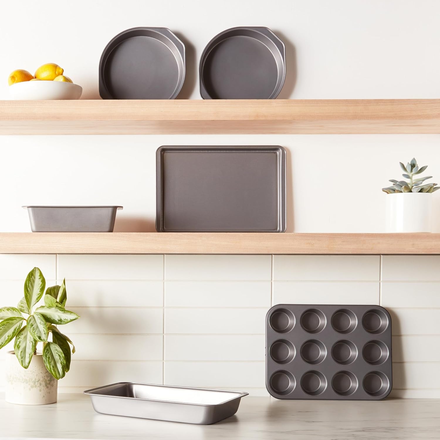 6 Piece Nonstick, Carbon Steel Oven Safe Bakeware Set with Cake, Muffin, Cookie, and Loaf Pans, 6 Piece, 16.25 X 11.75 X 6.25 Inches