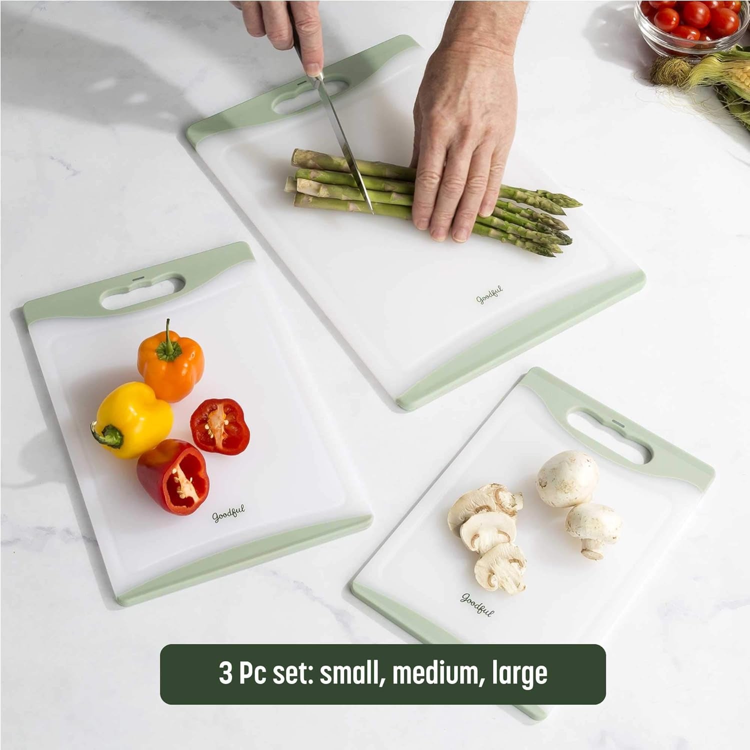 Premium 3-Piece Sage Cutting Board Set - Non-Slip Edges, Easy Grip Handles, BPA-Free, Non-Porous & Dishwasher Safe