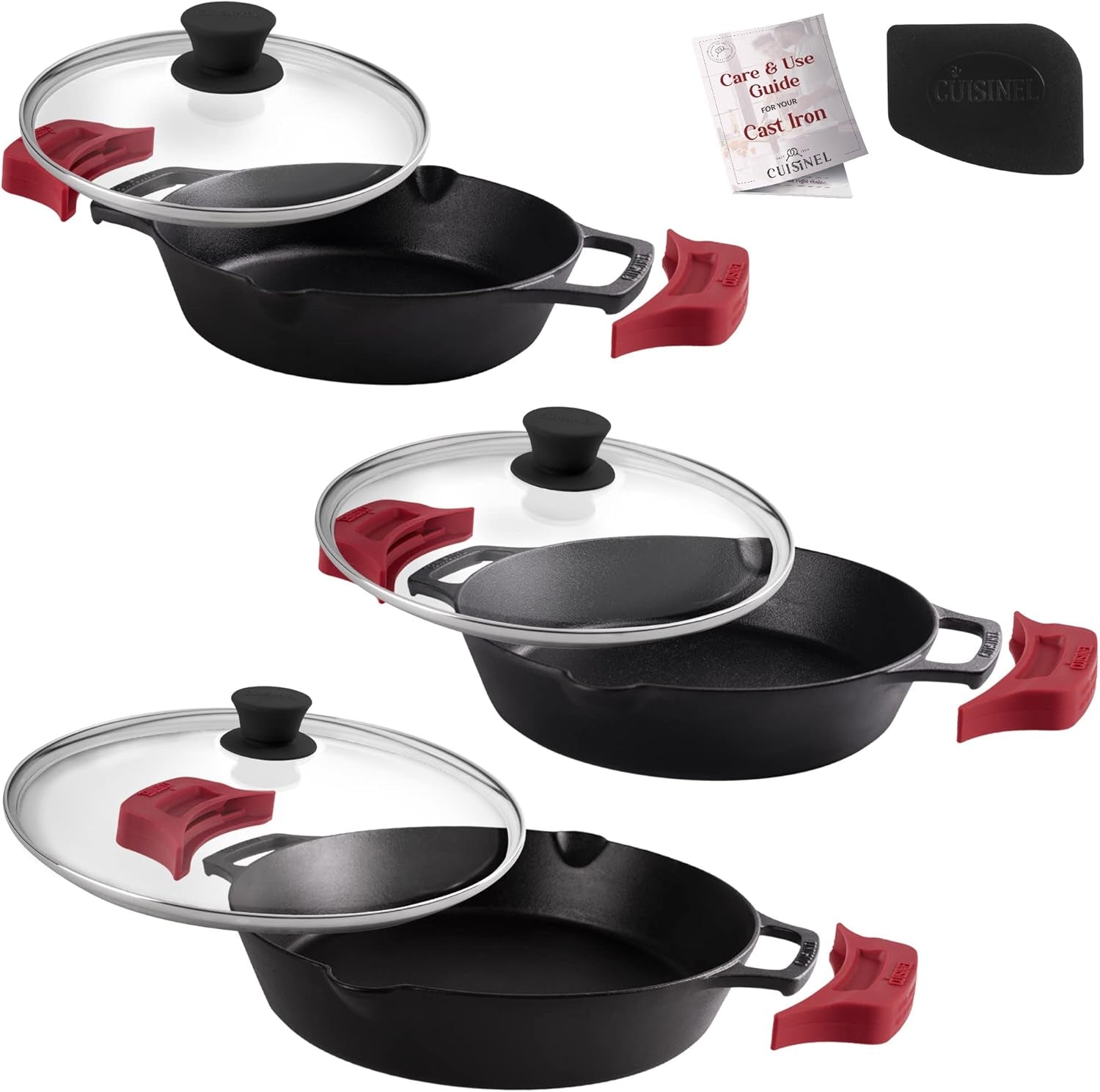 Cuisinel Pre-Seasoned Cast Iron Skillet Set with Lids - 8", 10", and 12" Covered Frying Pans with Silicone Handles, Lid Holders, and Cleaning Scraper for Versatile Indoor/Outdoor Cooking