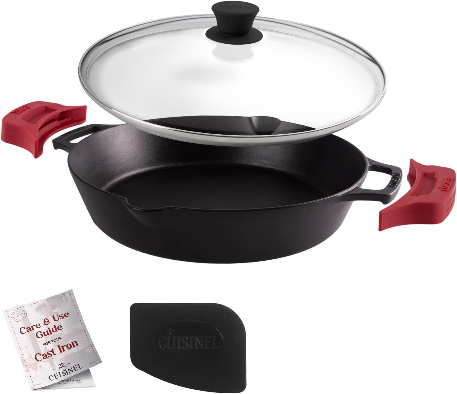 Cuisinel Pre-Seasoned Cast Iron Skillet Set with Lids - 8", 10", and 12" Covered Frying Pans with Silicone Handles, Lid Holders, and Cleaning Scraper for Versatile Indoor/Outdoor Cooking