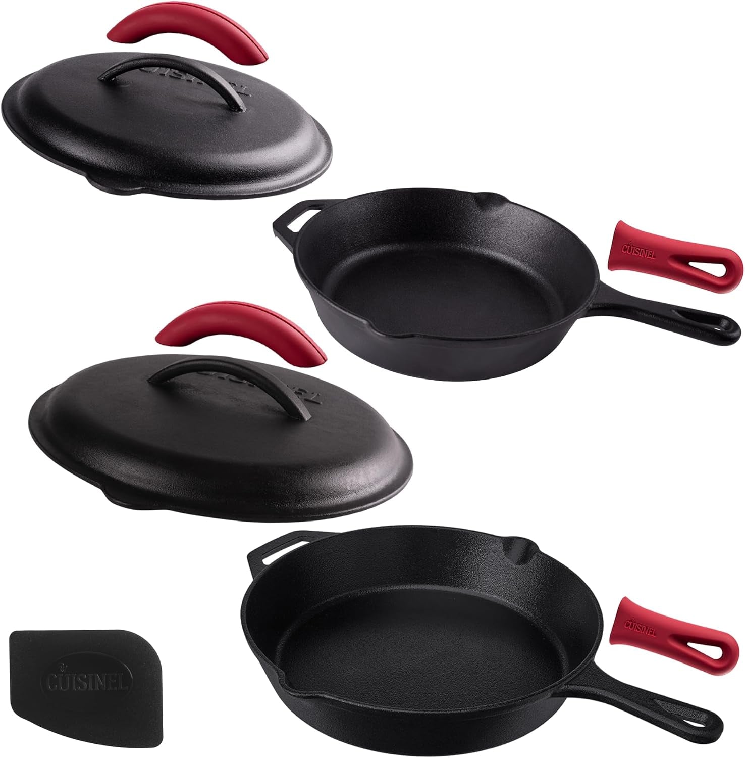 Cuisinel Pre-Seasoned Cast Iron Skillet Set with Lids - 8", 10", and 12" Covered Frying Pans with Silicone Handles, Lid Holders, and Cleaning Scraper for Versatile Indoor/Outdoor Cooking