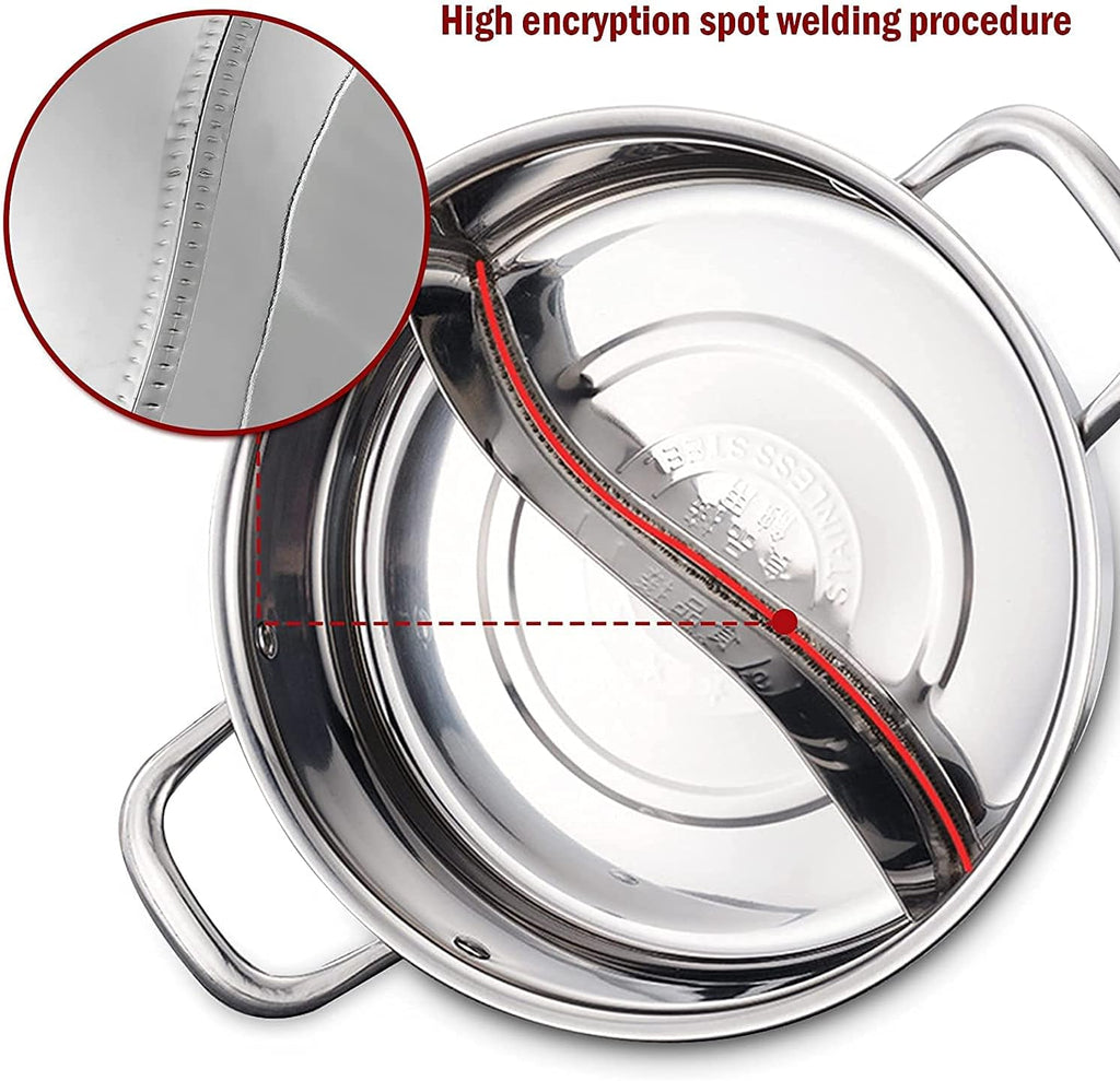 13Inch Hot Pot with Divider Lid Stainless Steel Shabu Shabu Pot for Induction Cooktop Gas Stove Kitchen Cooker, Dual Sided Soup Cookware with 2 Soup Ladles