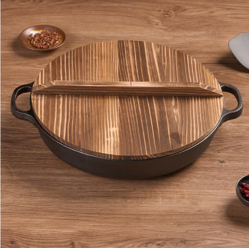 WANGYUANJI 11Cast Iron Wok with Dual Handles and Wooden Lid, Uncoated Frying Pan for Gas and IH, Chinese Thickened Pancake Pan, Stir-Frying and IH Universal, with Free Steel Wire Ball