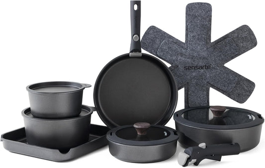 17 Piece Pots and Pans Set, Nonstick Detachable Handle Cookware Set, Induction Kitchen Cookware Set with Removable Handle, Healthy Non Stick for RV, Dishwasher ＆ Oven Safe, PFOA Free (Black)
