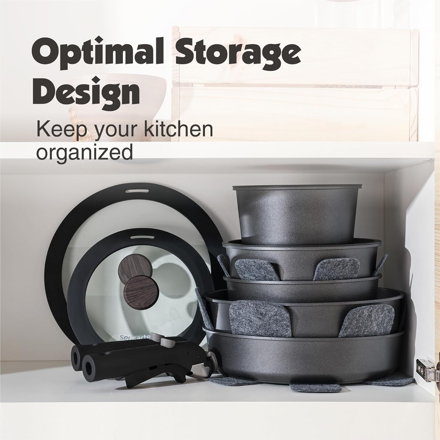 17 Piece Pots and Pans Set, Nonstick Detachable Handle Cookware Set, Induction Kitchen Cookware Set with Removable Handle, Healthy Non Stick for RV, Dishwasher ＆ Oven Safe, PFOA Free (Black)