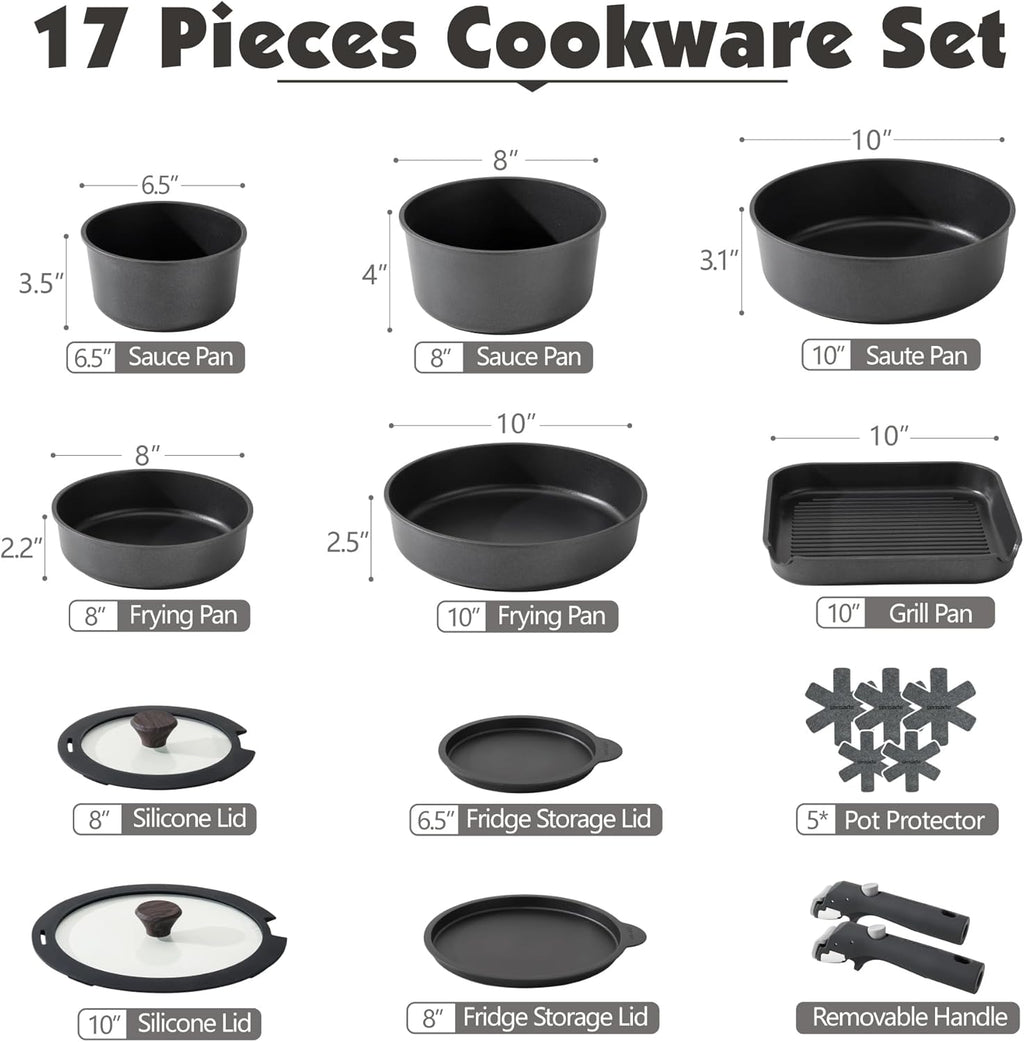 17 Piece Pots and Pans Set, Nonstick Detachable Handle Cookware Set, Induction Kitchen Cookware Set with Removable Handle, Healthy Non Stick for RV, Dishwasher ＆ Oven Safe, PFOA Free (Black)