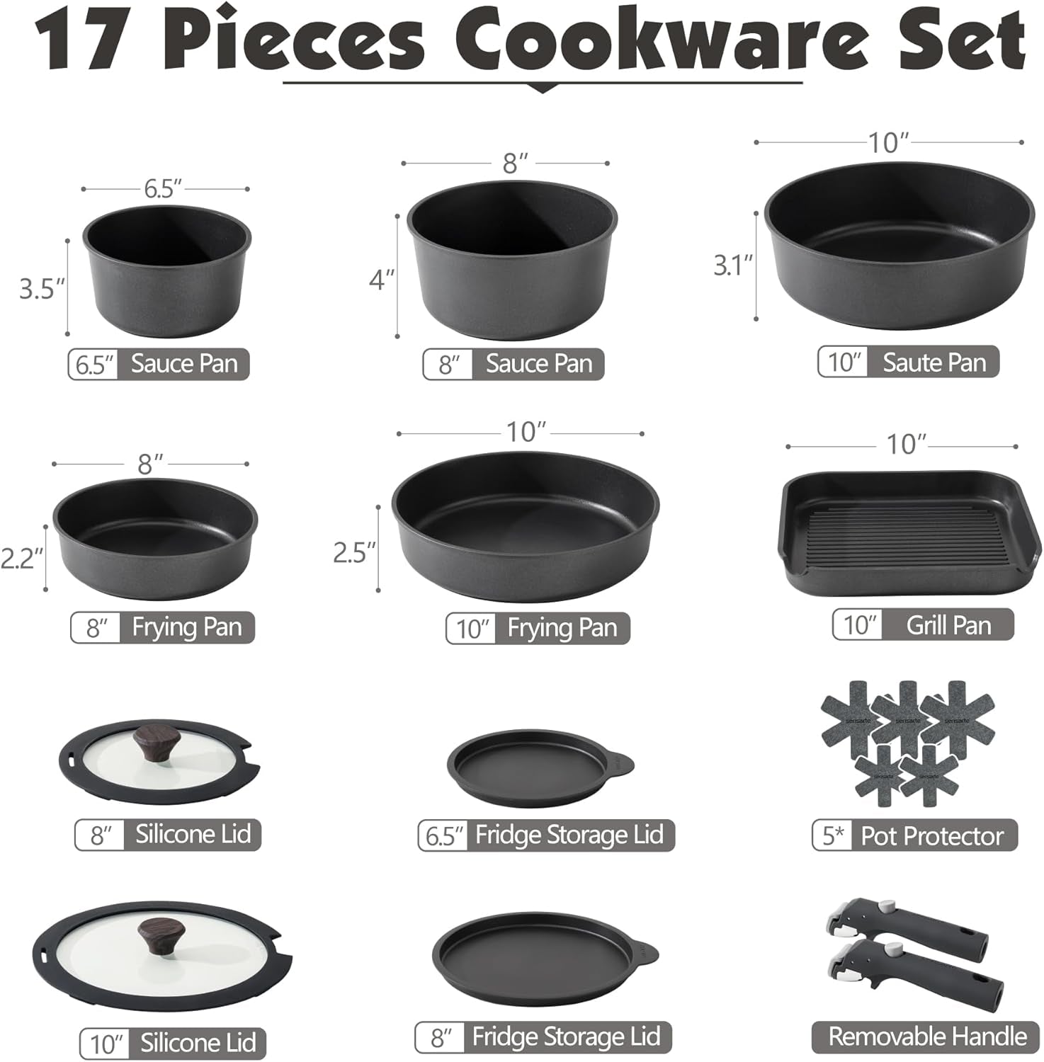 17 Piece Pots and Pans Set, Nonstick Detachable Handle Cookware Set, Induction Kitchen Cookware Set with Removable Handle, Healthy Non Stick for RV, Dishwasher ＆ Oven Safe, PFOA Free (Black)
