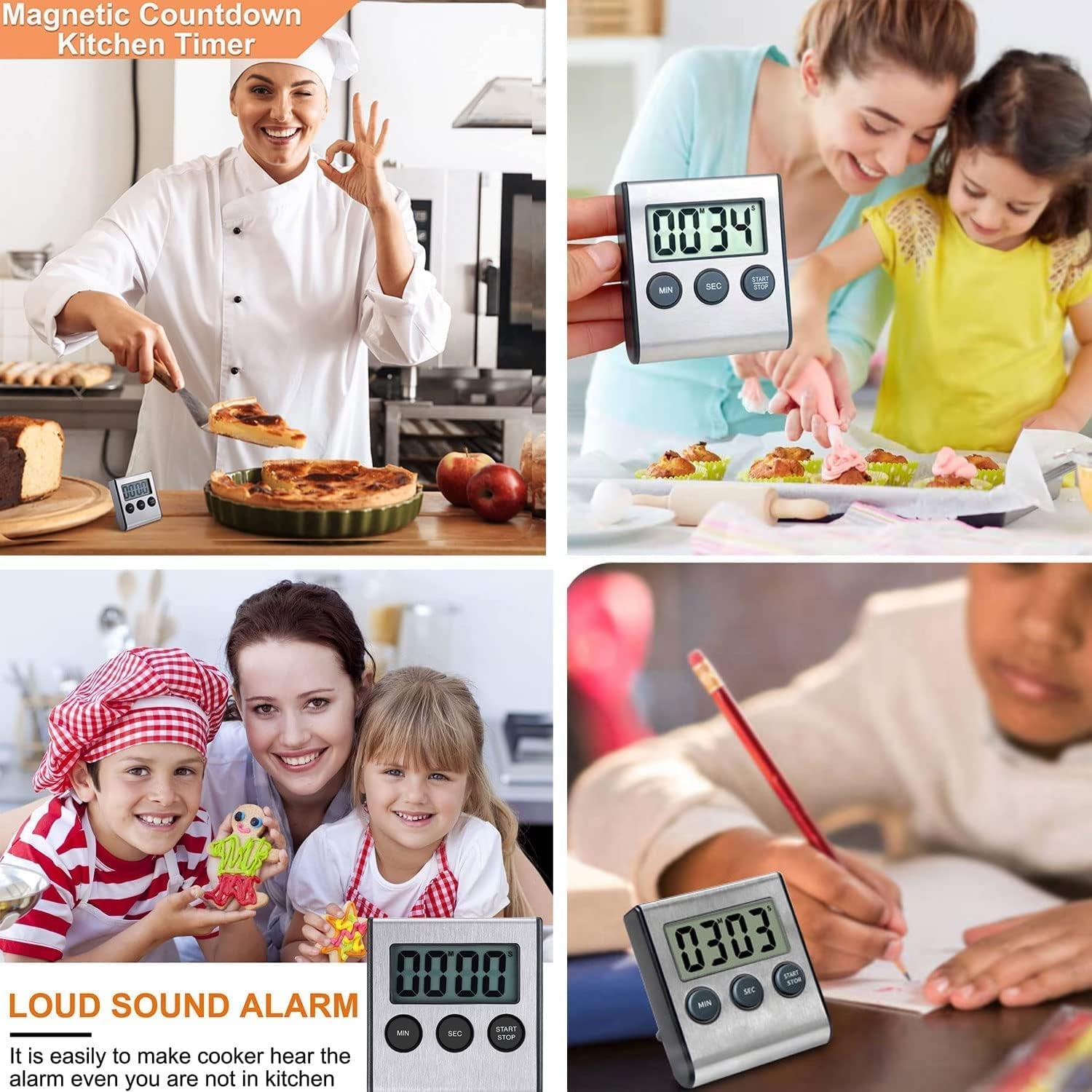 Digital Kitchen Timer - Magnetic Countdown with Loud Alarm, Stainless Steel for Cooking, Baking, Sports Games