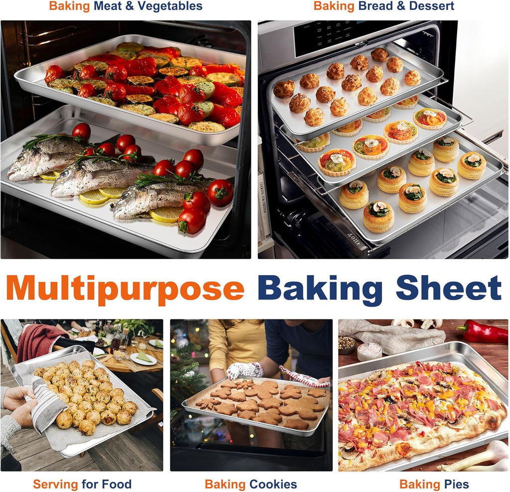 16 Inch Baking Cookie Sheet, Oven Pan Tray Stainless Steel Sheet Pan for Kitchen, Oven Bakeware for Multi Uses, Shiny Look & Dishwasher Safe, Healthy & Heavy Duty, 2Pcs