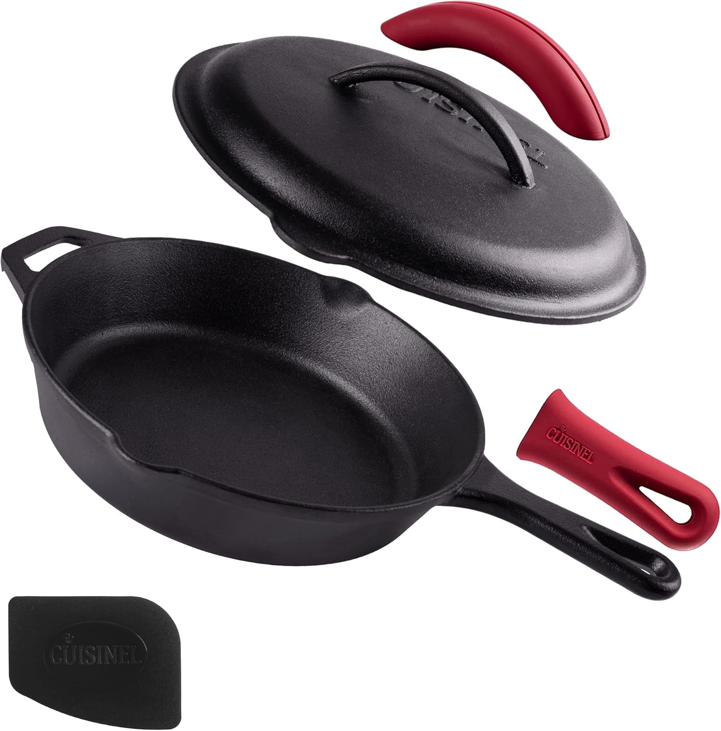 Cuisinel Pre-Seasoned Cast Iron Skillet Set with Lids - 8", 10", and 12" Covered Frying Pans with Silicone Handles, Lid Holders, and Cleaning Scraper for Versatile Indoor/Outdoor Cooking