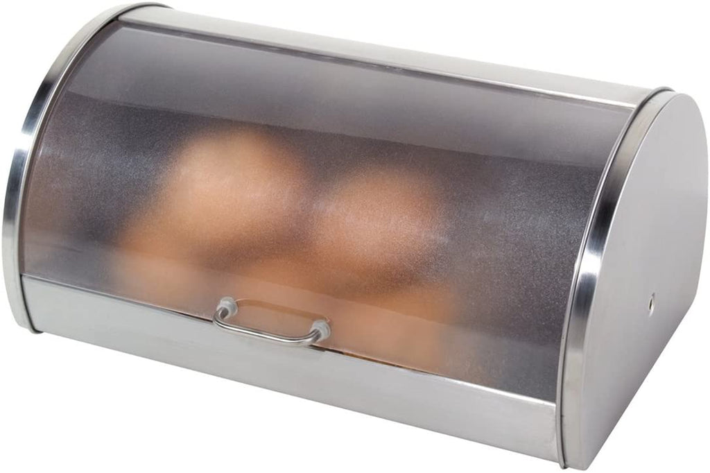 Oggi Stainless Steel Roll Top Bread Box with Frosted Plexiglass Lid - Accommodates Multiple Loaves and Various Baked Goods Including Cookies, Bagels, and Muffins