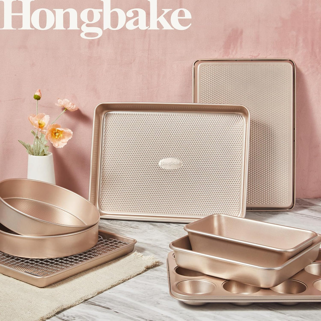 9-Piece Baking Pans Set Nonstick, Stackable Non Toxic Bakeware Sets with Diamond Texture, Oven Pan Set for Cooking, Includes Cookie Sheet with Rack, Cake Pan, Roasting Pan, Muffin Tin, Gold