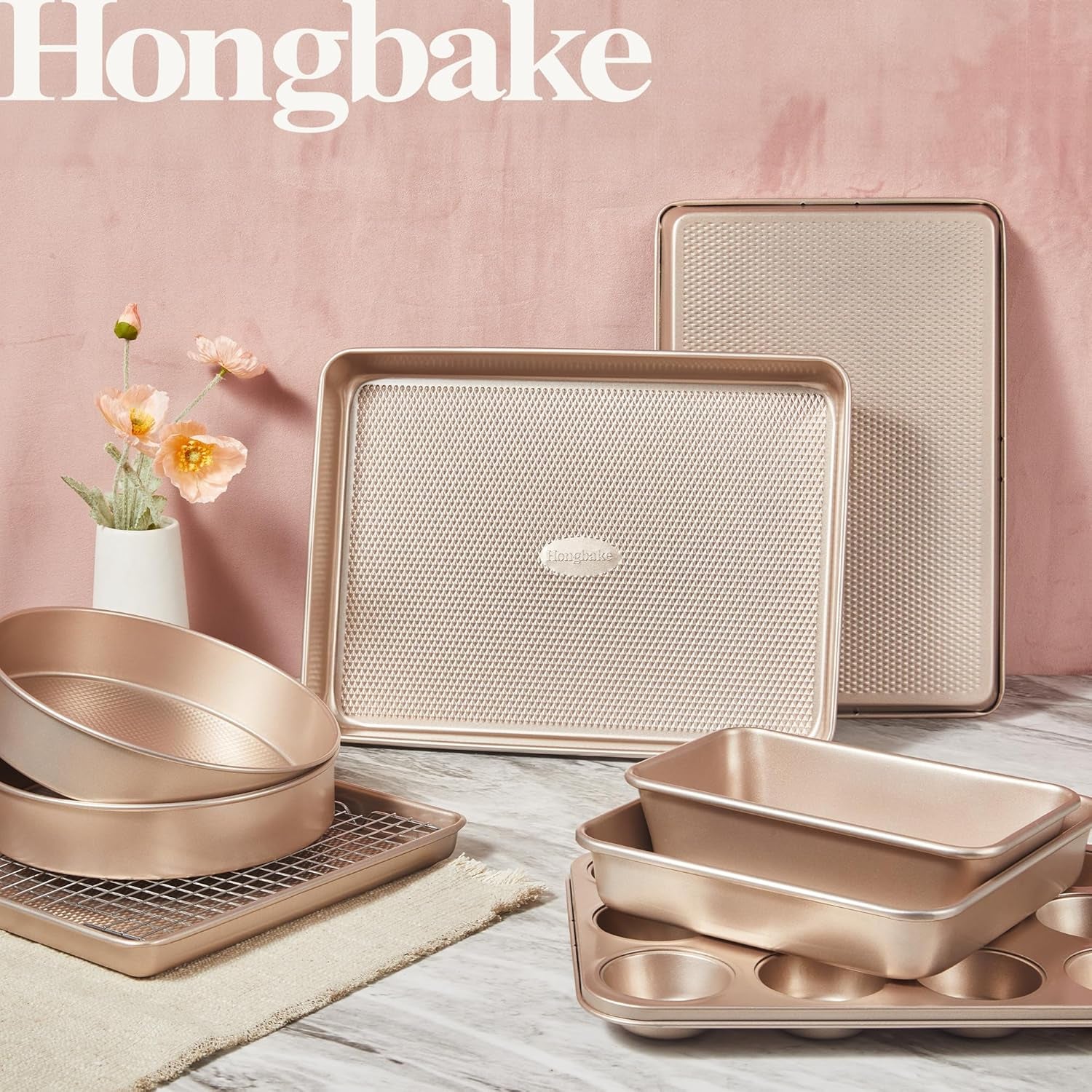 9-Piece Baking Pans Set Nonstick, Stackable Non Toxic Bakeware Sets with Diamond Texture, Oven Pan Set for Cooking, Includes Cookie Sheet with Rack, Cake Pan, Roasting Pan, Muffin Tin, Gold