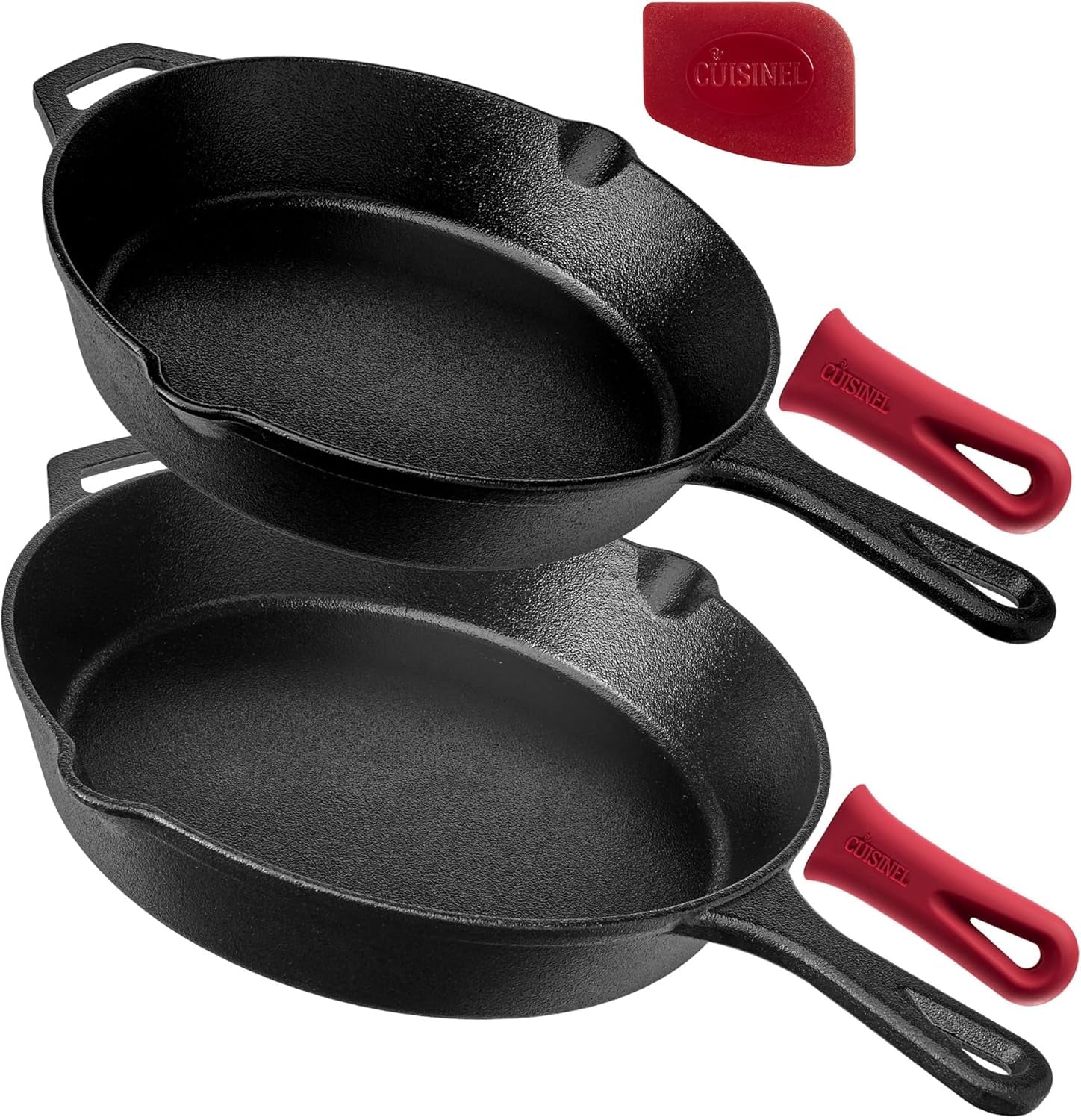 Cuisinel Pre-Seasoned Cast Iron Skillet Set with Lids - 8", 10", and 12" Covered Frying Pans with Silicone Handles, Lid Holders, and Cleaning Scraper for Versatile Indoor/Outdoor Cooking