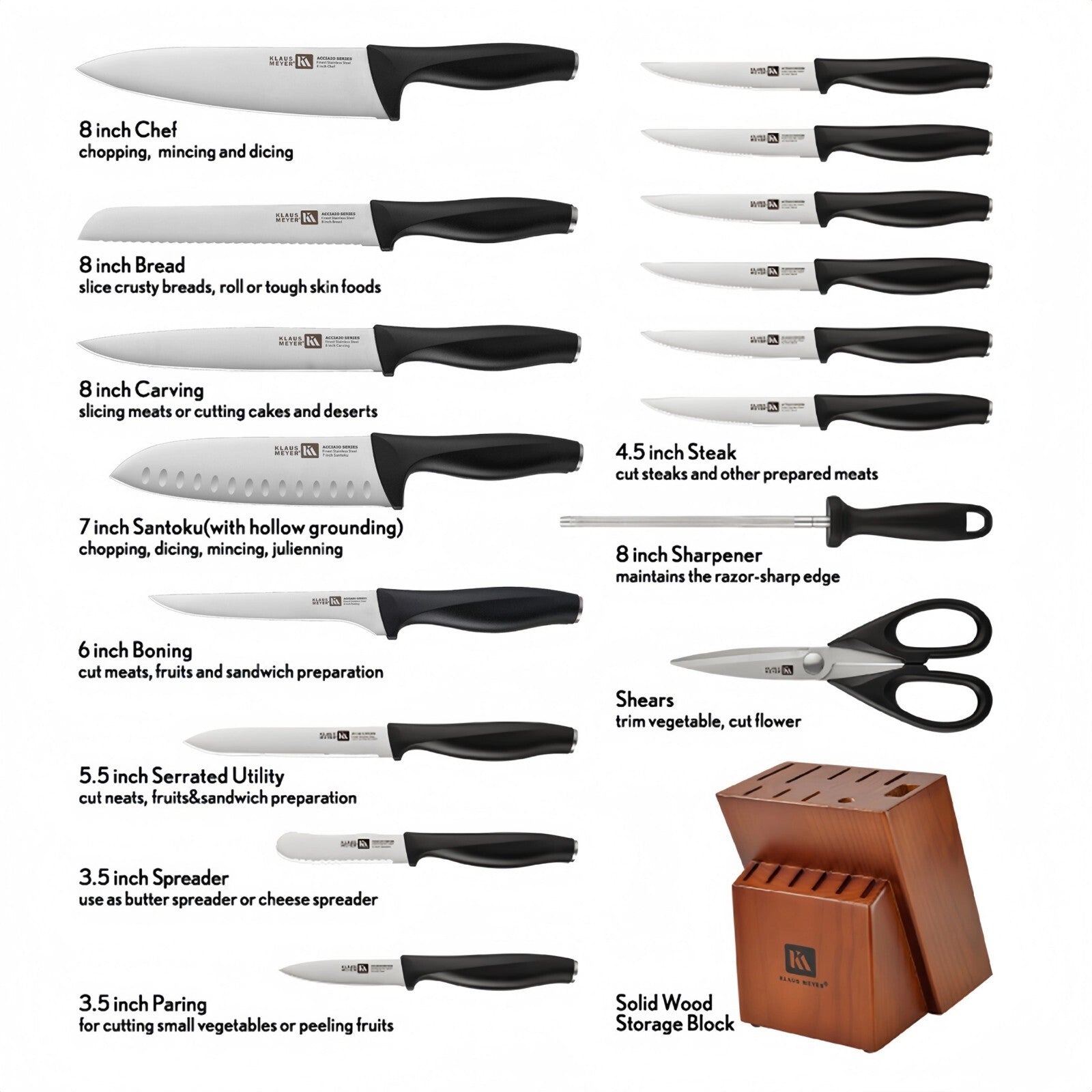 Klaus Meyer Acciaio Finest Stainless Steel 17 Piece Kitchen Knife Block Set