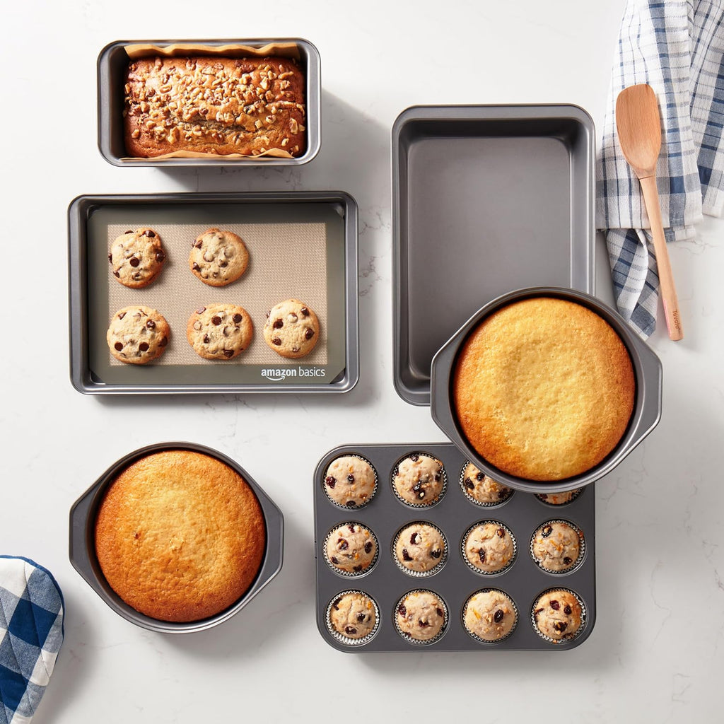 6 Piece Nonstick, Carbon Steel Oven Safe Bakeware Set with Cake, Muffin, Cookie, and Loaf Pans, 6 Piece, 16.25 X 11.75 X 6.25 Inches