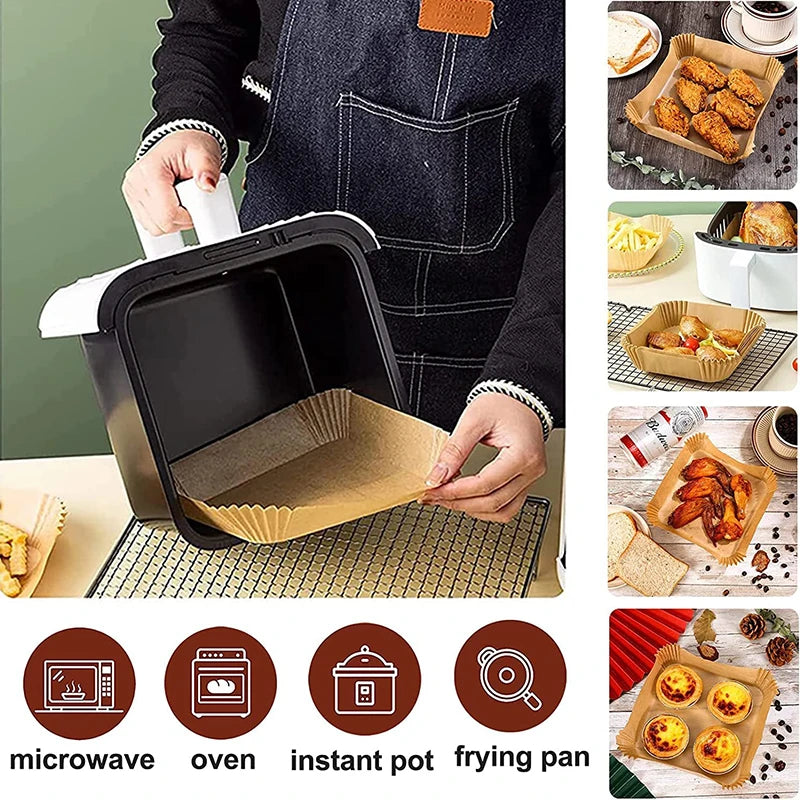 23CM Non-Stick Air Fryer Disposable Baking Paper Liners - Square & Round Parchment for Microwave & Oven Cooking